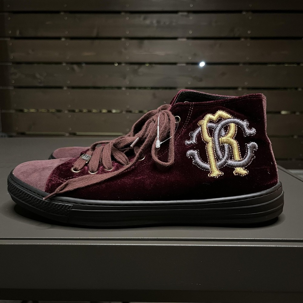 Roberto Cavalli Shoes Mens Size 10 Burgundy Velvet High Top Sneakers Rc Crest